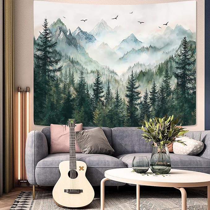 Zussun Misty Forest Mountain Tapestry Sage Green Nature Pine Tree Tapestry for Bedroom Aesthetic Watercolor Foggy Woodlands Birds Landscape Tapestries Wall Hanging for Living Room Dorm 60 x 44 Inch