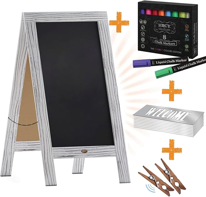 A Frame Chalkboard with Chalk Markers by HBCY Creations: 40x20 Solid Wood A-Frame Sign Whitewash Double-Sided Magentic Menu Board, Deluxe Set Includes 8 Chalk Markers, 10 Stencils, 2 Magnets