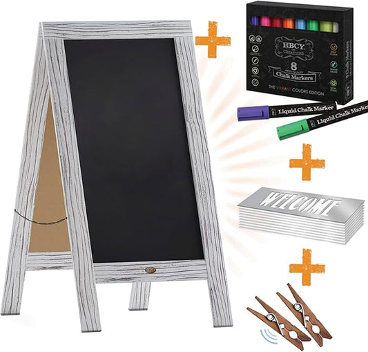 A Frame Chalkboard with Chalk Markers by HBCY Creations: 40x20 Solid Wood A-Frame Sign Whitewash Double-Sided Magentic Menu Board, Deluxe Set Includes 8 Chalk Markers, 10 Stencils, 2 Magnets
