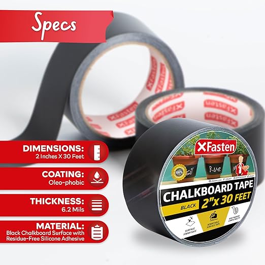 XFasten Black Chalkboard Tape Removable, 2-Inch x 30-Foot, Black, Smudge Resistant Sticky Chalkboard Label Duct Tape