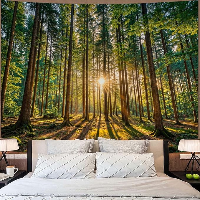 Zussun Nature Forest Tapestry Sunlit Green Woodland Tapestry for Bedroom Aesthetic Lush Trees Landscape Large Tapestries Wall Hanging for Dorm Living Room Decor 80 x 60 Inch