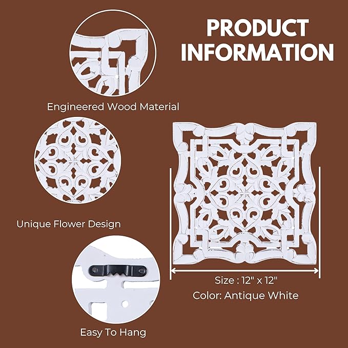 Woodify Hand-Carved Wooden Wall Décor – Set of 2, 12" x 12" Decorative Wood Panels, Floral Design, White Antique Finish, Wall Art for Living Room & Home Décor