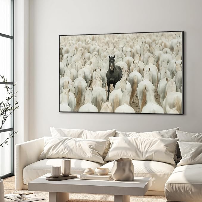 36"x60" XL Framed Wall Art - Unique Black Horse Amidst White Herd Animal (Frame Assembly Required)