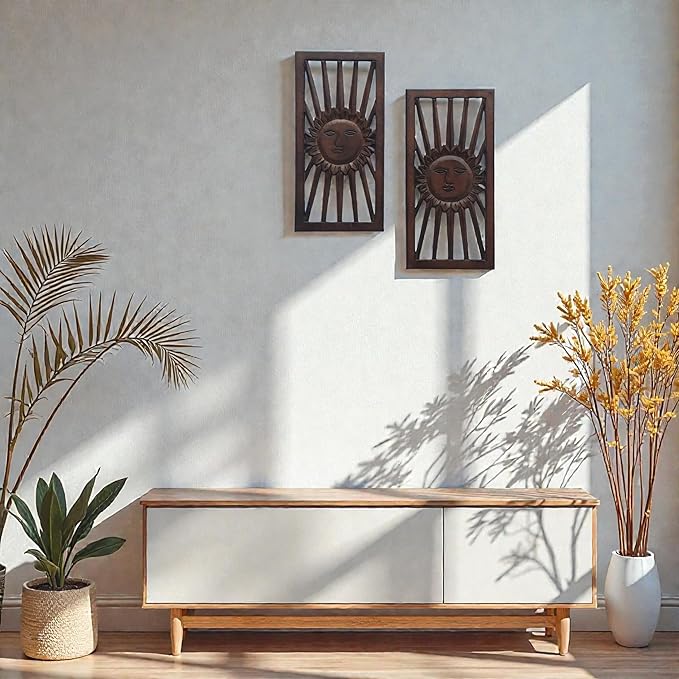 Wood Wall Art -Wall Panels in Handcrafted Carved Wood For Livingroom Bedroom,Dining room,Elegant Decorative Wall Art for Home & Office 8x16" Set of 2 Burnt Brown_Sun Burst Designs