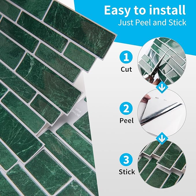 Art3d 10-Sheet Peel and Stick Backsplash Tile, Vinyl Stick On Wall Tile for Kitchen Bathroom Laundry Room, Marble Design 12" x 12" - Green