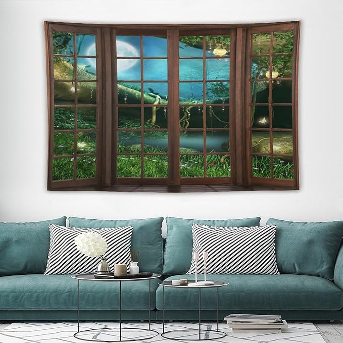 ZhiRain Fantasy Landscape Tapestry Wall Hanging Wooden Window Enchanted Forest Green Jungle Magic Full Moon Plant Night Scene Tapestries Home Decor for Living Room Bedroom Apartment Farmhouse 60"x90"