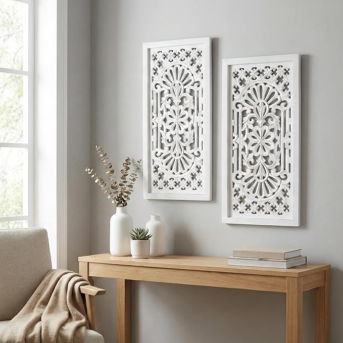 Wood Wall Art - Wall Panels in Handcrafted Carved Wood For Livingroom Bedroom,Dining room,Elegant Decorative Wall Art for Home & Office 12x24" Set of 2 White Antique_Cutwork Designs