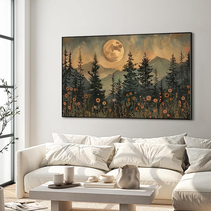 36"x60" XL Framed Wall Art - Enchanted Forest Nightscape with Moon Nature (Frame Assembly Required)