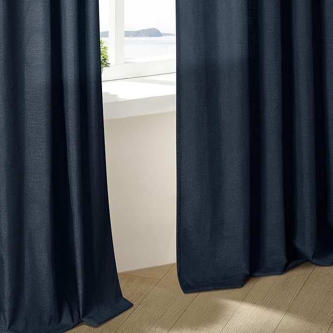 80 Inch Pinch Pleated Linen Curtains 2 Panels Set for Living Room Bedroom Boho Farmhouse Light Filter Navy Blue Indigo Semi Sheer Back Tab Pinch Pleat with Hooks Rings Window Curtain 80 Inches Long