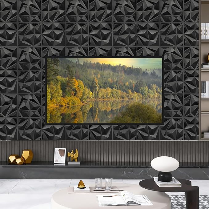 33 Pack Decorative 3D Wall Panels for Interior Wall Decor,12''x12'' Black Diamond Design Accent Wall Panles for Living Room,TV Wall Background,Bedroom