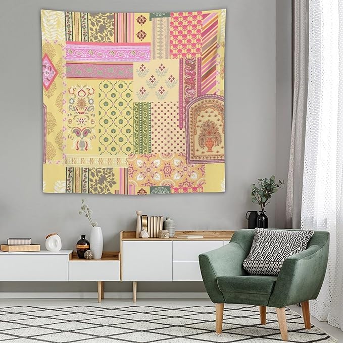 ZhiRain Patchwork Bohemian Tapestry Wall Hanging Colorful Boho Flower Floral Botanical Vintage Retro Indian Tapestries Home Decor for Living Room Bedroom Apartment Farmhouse Dorm 60"x60"