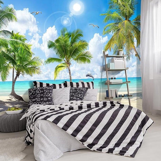YIHWM -Tropical Beach Palm Leaves Living Room Fabric Wallpaper Ocean Dolphin Plants Boys Girls Kids Room Bathroom Bedroom Large Mural- 137"x96"（ not Peel and Stick）