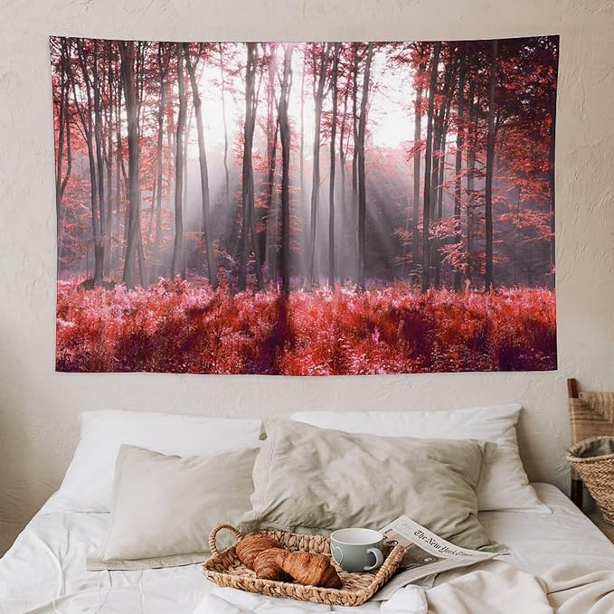 ZhiRain Red Forest Tapestry Wall Hanging Season Foggy Nature And Enchanted Woods Wild Trees Print Tapestries Home Decor for Living Room Bedroom Apartment Farmhouse Dorm 40"x60"