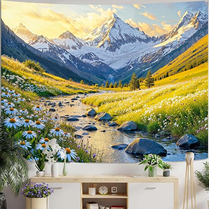 Zussun Nature Mountain Tapestry Daisy Flower Yellow Meadow Tapestry for Bedroom Aesthetic Sunlit Valley Snowy Stream Landscape Large Tapestries Wall Hanging for Dorm Living Room Decor 80 x 60 Inch