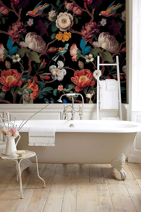 Zeeko Wall Mural Peel and Stick Black Floral Wallpaper Mural Canvas Fabric Vintage Dark Wallpaper for Room TV Background 98" W x 65" H (5 Strips) Large Wall Paintings Home Decor