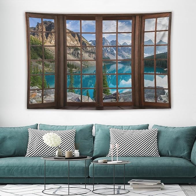 ZhiRain Mountain Landscape Tapestry Wall Hanging Nature Scenery Lake Pine Tree Forest Blue Sky Through Brown Window Tapestries Home Decor for Living Room Bedroom Apartment Farmhouse 40"x60"