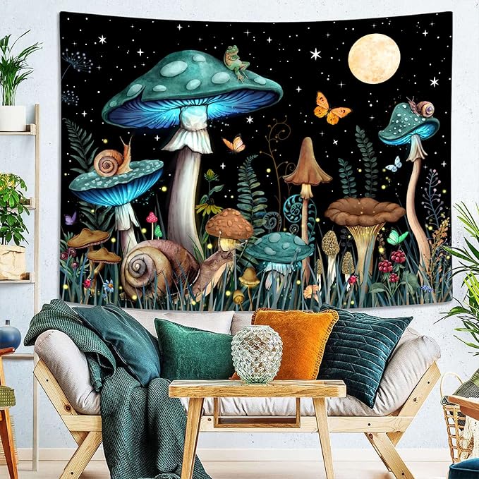 Zussun Teal Mushroom Tapestry Moon Star Tapestries for Bedroom Aesthetic Starry Night Green Plant Tapastrys Wall Hanging Butterfly Snail Frog Wall Tapestry for Living Room Dorm (Green, 60" x 44")