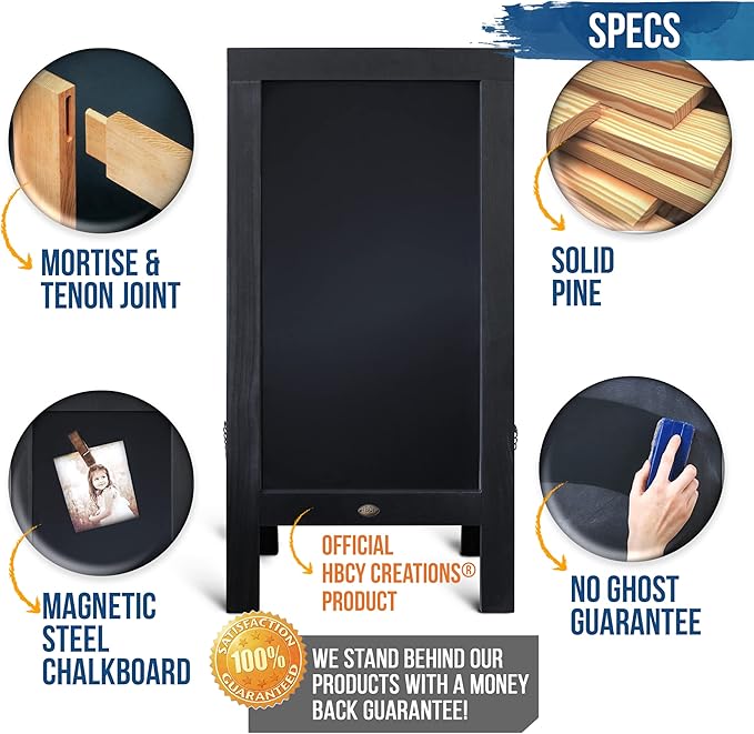 A Frame Chalkboard with Chalk Markers by HBCY Creations: 40x20 Solid Wood A-Frame Sign Gray Double-Sided Magentic Menu Board, Deluxe Set Includes 8 Chalk Markers, 10 Stencils, 2 Magnets