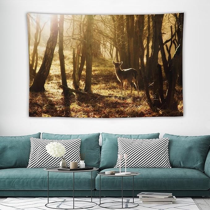 ZhiRain Forest Tapestry Wall Hanging Natural Forest And Deer at Sunset Pattern Tapestries Home Decor for Living Room Bedroom Apartment Farmhouse Dorm 60"x90"