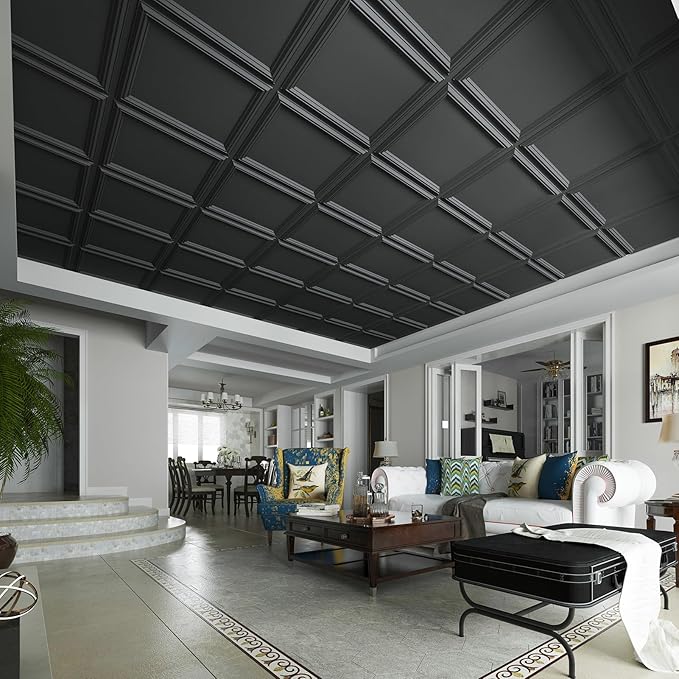 Art3d 12-Pack Drop Relief Ceiling Tiles for Home, Office & Commercial Space, 24 x 24in PVC Waterproof 3D Wall Panels Cover 48 Sq. Ft, Black