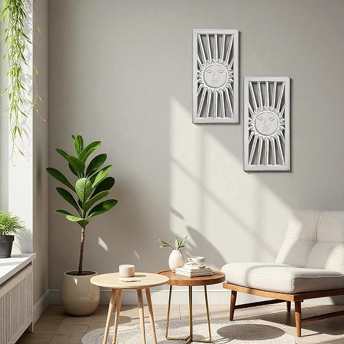 Wood Wall Art - Wall Panels in Handcrafted Carved Wood For Livingroom Bedroom,Dining room,Elegant Decorative Wall Art for Home & Office 8x16" Set of 2 White Antique_Sun Burst Designs