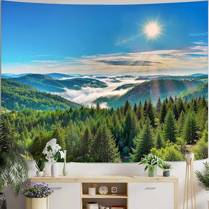 Zussun Nature Forest Mountain Tapestry Green Pine Tree Sunshine Jungle Tapestry for Bedroom Aesthetic Plant Mountain Landscape Large Tapestries Wall Hanging for Dorm Living Room Decor 80 x 60 Inch