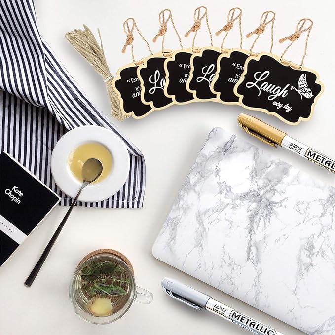 24 Pack Chalkboard Tags with String, 2.36x3.35 Inch Mini Wood Chalkboards Signs with Gold and Silver Markers, Hanging Chalkboard Labels Massage Board Signs, Price Tags