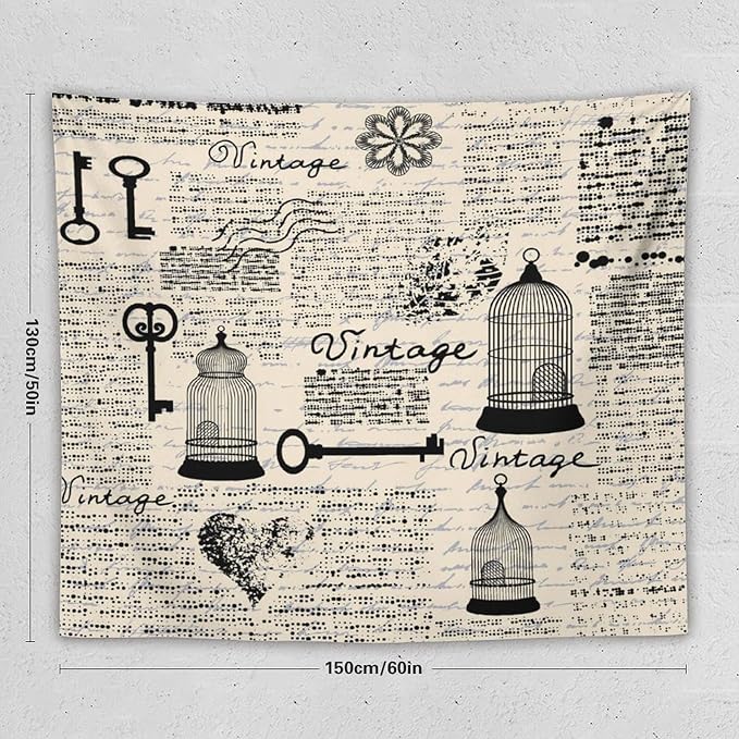 ZhiRain Old Newspaper Tapestry Wall Hanging Bird Cages Grunge Retro Pattern Keys Heart Shapes And Flower Tapestries Home Decor for Living Room Bedroom Apartment Farmhouse Dorm 50"x60"