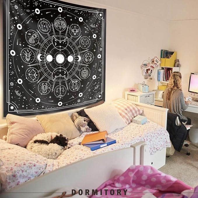 Zodiac Astrology Witchy Wall Tapestry, Black White Constellation for Wall Decor, Stars Space Psychedelic Bedroom Aesthetics, Living Room, Home, Dorm (70 x 90 inches)