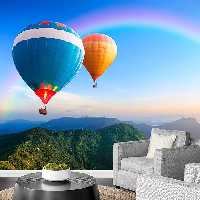 wall26 Colorful Hot-Air Balloons Flying Over The Mountain - Removable Wall Mural | Self-Adhesive Large Wallpaper - 66x96 inches