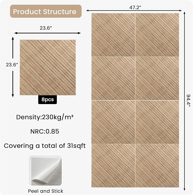Acoustic Wall Panels, 8 Pack 23.6" x 23.6" (31 sq ft) – Wood-Pattern Polyester Fiber Sound Absorbing & Soundproof 3D Peel & Stick Panels for Recording Studio, Home Theater, Office, Meeting Room Décor