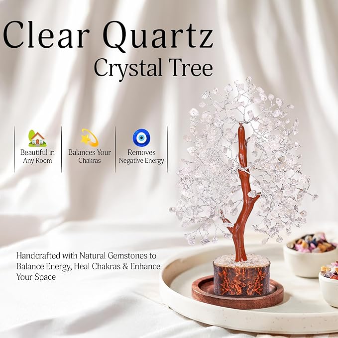 YATSKIA Clear Quartz Crystal Tree - Sculpture, Handmade 100% Natural Gemstones, Customizable, Home Decor, Feng Shui, Housewarming Gift