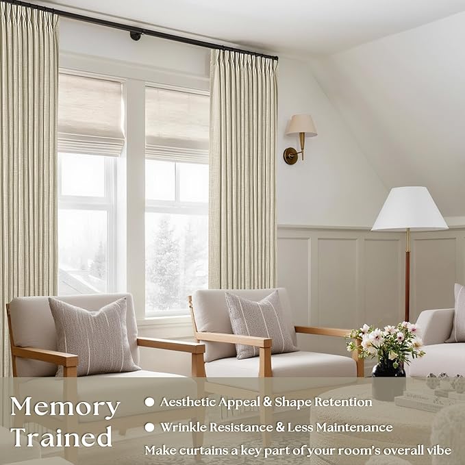 90 Inch Linen Pinch Pleated Curtains 2 Panels for Living Room Bedroom Memory Training Shaped Semi Sheer Beige Light Tan Pinch Pleat Drapes with Hooks Rings Light Filtering Window Curtain 40x90