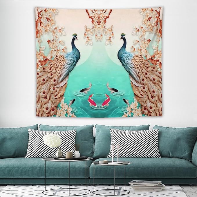 ZhiRain Peacock Tapestry Wall Hanging Retro Floral Elegant Vintage Feather Flower Theme Koi Fish Tapestries Home Decor for Living Room Bedroom Farmhouse Apartment Dorm 50"x60"
