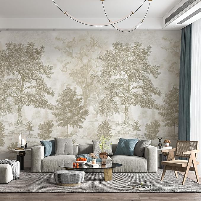 Zeeko Vintage Forest Wall Mural Peel and Stick 177" W x 110" H Beige Tree Wallpaper Self-Adhesive Large Nature Landscapes Murals Canvas Wall Decor for Bedroom Bathroom