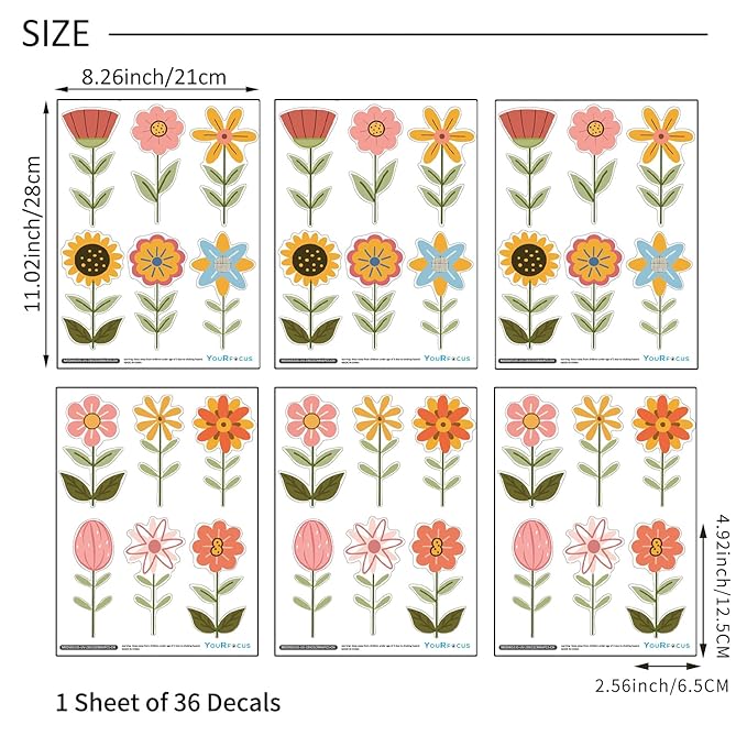 YouRfocus Boho Flower Wall Decals for Nursery & Kids Room – Set of 36 Floral Wall Stickers, Removable Peel and Stick Boho Home Decor, Pastel Wall Art (6 Sheets)