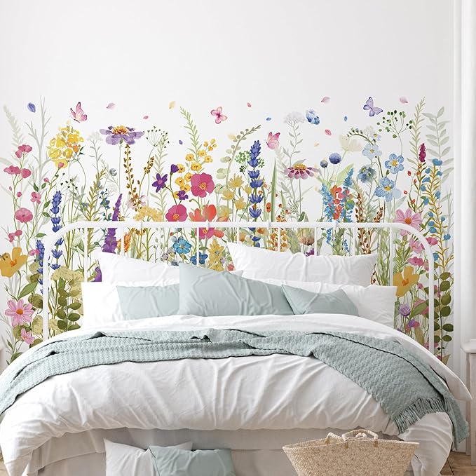 Zonon 6 Pcs Flowers Wall Decals Stickers Vinyl Removable Peel and Stick Colorful Dragonflies Floral Wall Murals Decor for Bedroom Living Room Nursery (Wildflowers)