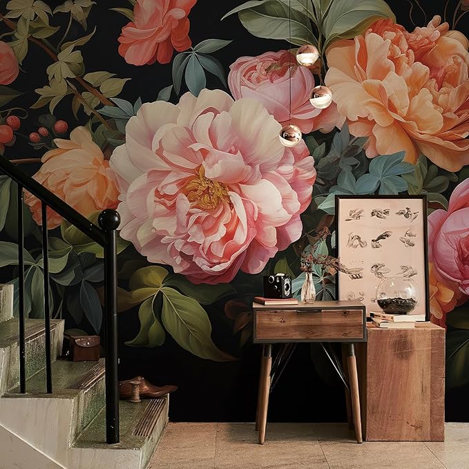 Zeeko Large Floral Peel and Stick Wall Murals 148" W x 98" H Vintage 3D Dark Peony Flowers Wallpaper Self Adhesive Nature Botanical Leaf Wall Stickers for Bedroom TV Background Living Room Decor