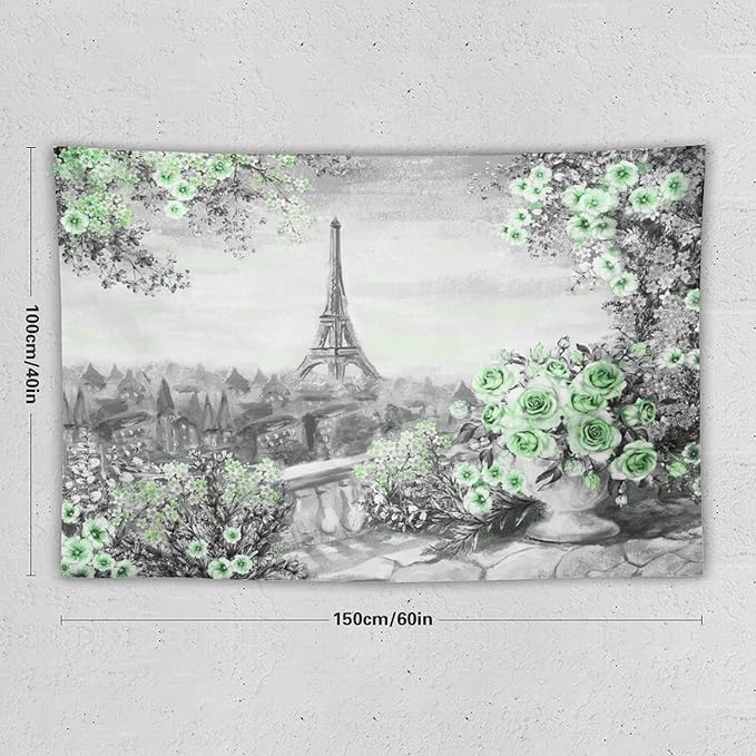 ZhiRain Vintage Paris Tapestry Wall Hanging Eiffel Tower Green Rose Flower Spring Cityscape Gray Tapestries Home Decor for Living Room Bedroom Apartment Farmhouse Dorm 40"x60"