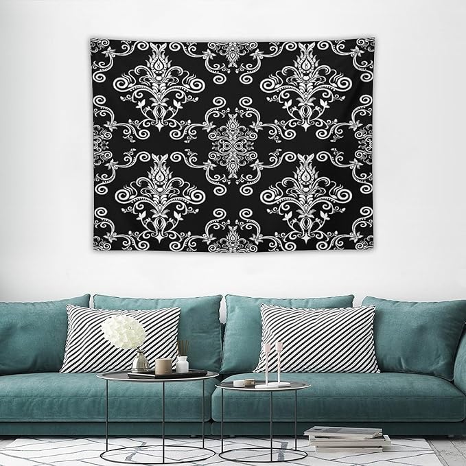 ZhiRain Black Gothic Tapestry Wall Hanging Damask Floral Vintage Antique Baroque Classic Pattern Retro Tapestries Home Decor for Living Room Bedroom Farmhouse Apartment Dorm 30"x40"