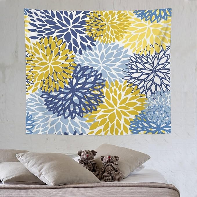 ZhiRain Blue Yellow Floral Tapestry Wall Hanging Boho Dahlia Chrisanthemum Flowers Pattern Tapestries Home Decor for Living Room Bedroom Farmhouse Apartment Dorm 50"x60"