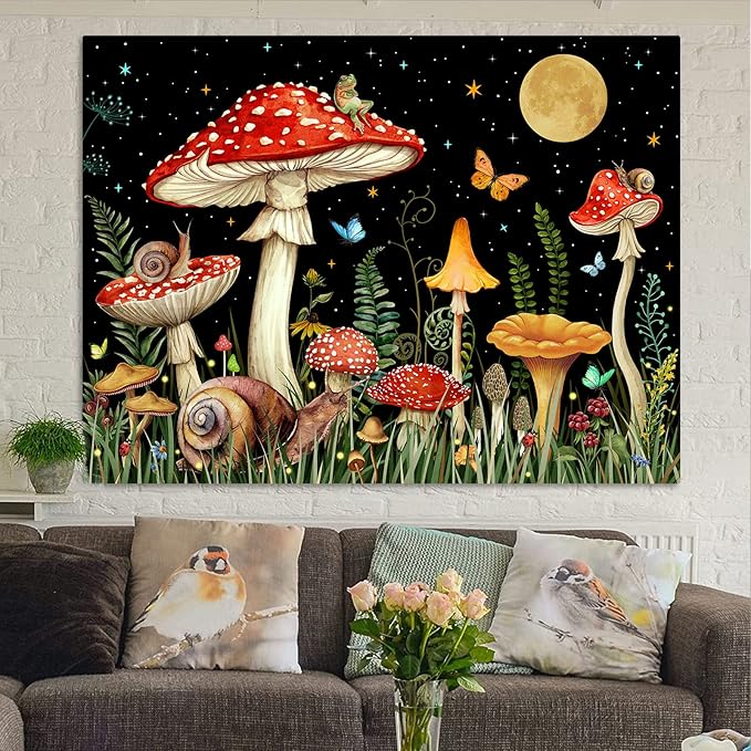 Zussun Red Mushroom Tapestry Moon Star Tapestries for Bedroom Aesthetic Starry Night Green Plant Tapastrys Wall Hanging Butterfly Snail Frog Wall Tapestry for Living Room Dorm (Black, 90" x 68")