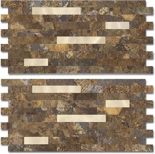 Yipscazo 40 Sheets Peel and Stick Stone Metal Backsplash, PVC Wall Tiles Stick on Tiles for Backsplash Kitchen, Bathroom, Fireplace (6'' X 12'', Rustic)