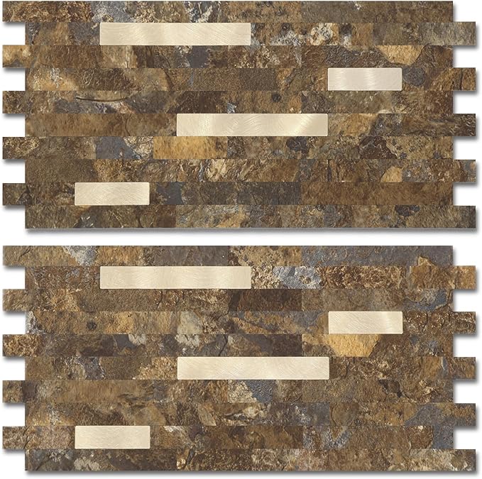 Yipscazo 20 Sheets Peel and Stick Stone Metal Backsplash, PVC Wall Tiles Stick on Tiles for Backsplash Kitchen, Bathroom, Fireplace (6'' X 12'', Rustic)