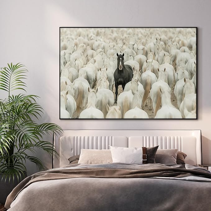 46"x72" XL Framed Wall Art - Unique Black Horse Amidst White Herd Animal (Frame Assembly Required)