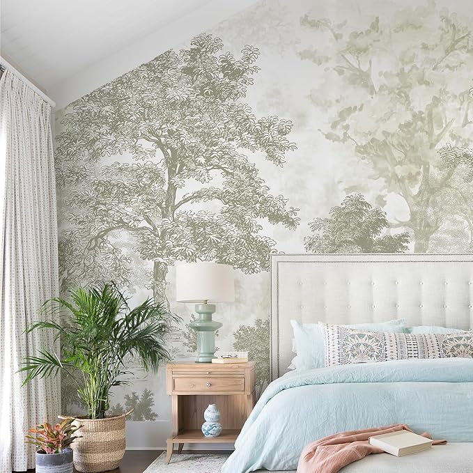 Zeeko Vintage Forest Wall Mural Peel and Stick 88.5" W x 110" H Beige Tree Wallpaper Self-Adhesive Large Nature Landscapes Murals Canvas Wall Decor for Bedroom Bathroom