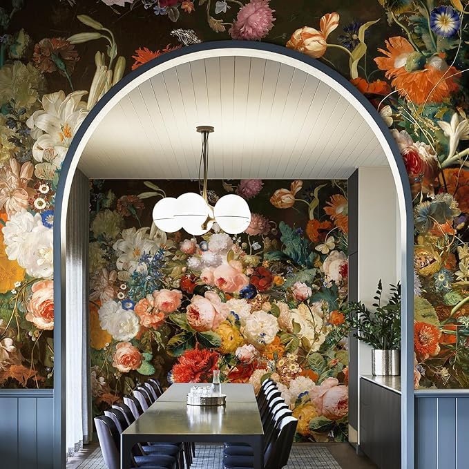 Zeeko Dark Floral Wallpaper Peel and Stick 148" W x 98" H Waterproof Canvas Fabric Vintage Moody Large Wall Mural Self Adhesive Removable Wall Paper for Bedroom Living Room Art Deco