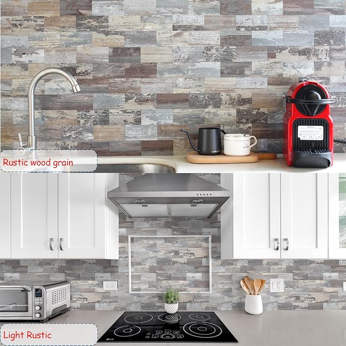 10-Pack Peel and Stick Tile Backsplash 11.3"X11.5" PVC Wall Tiles, Stick on Backsplash for Kitchen, Bathroom Tile, Fireplace Décor, Laundry Table, Stair Decals in Grey Rustic