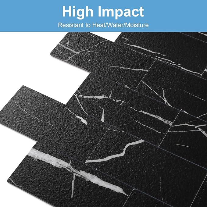 10-Pack Peel and Stick Tile Backsplash 12"X12" PVC Wall Tiles, Stick on Backsplash for Kitchen, Bathroom Tile, Fireplace Décor, Laundry Table, Stair Decals in Black Rocks