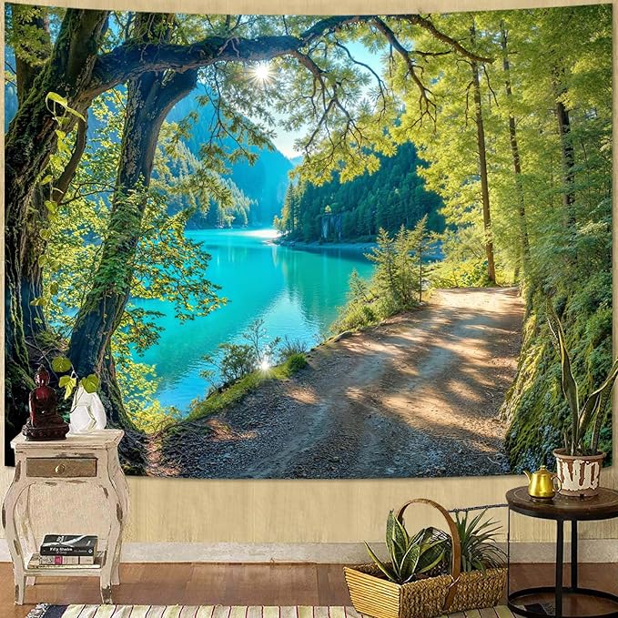 Zussun Nature Forest Mountain Tapestry Green Teal Lake Path Tapestry for Bedroom Aesthetic Lush Sunshine Landscape Small Tapestries Wall Hanging for Dorm Living Room Decor 48 x 36 Inch